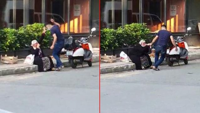 Eli silahlı evlat, sokak ortasında yaşlı annesini darbetti! Vicdanları sızlatan olay kamerada