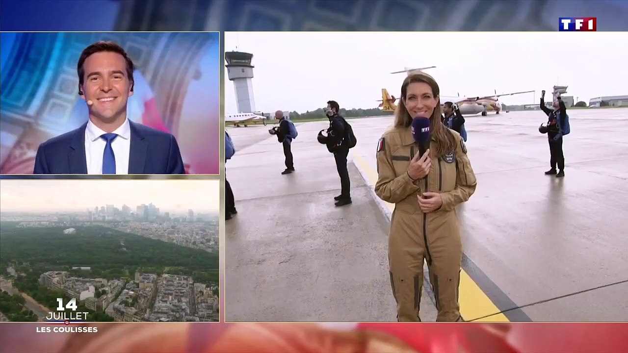 Anne-Claire Coudray prête à sauter en parachute sur TF1 lors de l'édition spéciale pour la Fête nationale du quatorze juillet.