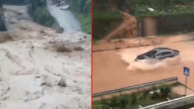 Rize'de sağanak yağış sonrası dereler taştı, yollar kapandı