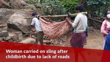 Woman bleeding after childbirth carried on sling to ambulance due to lack of roads