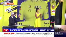 Emmanuel Macron félicite le Slovène Tadej Pogacar pour avoir remporté la 18e étape du Tour de France