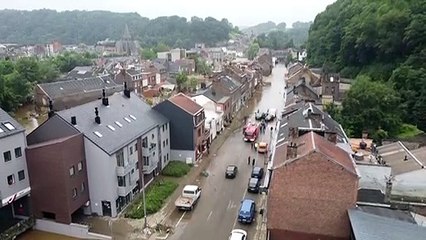 Inondations: images aériennes à Pepinster, en Belgique