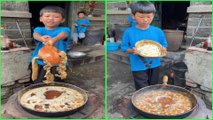 Fresh early morning Rural lifestyle little boy cook food 조리 クック