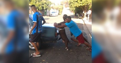 En dos patitas: un adorable perro ayuda a empujar un auto averiado en una calle de Brasil