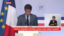 Gabriel Attal sur la reprise épidémique : «Nous sommes entres dans un quatrième vague, la dynamique est forte, vague rapide, pente raide, le taux d'incidence poursuit son explosion, une hausse de ce type nous n'avons jamais connu ça» 