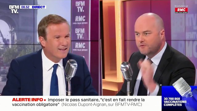 Pass sanitaire - Le chef du service politique de BFM TV, Philippe Corbé perd son sang froid, ce matin, en direct face à Nicolas Dupont-Aignan : Mais laissez-moi parler, laissez-moi, laissez moi parler !