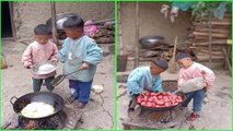 Adorable Rural lifestyle Little chef cook food 조리 クック for each other at Orphan