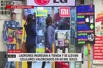 Descargar video: Delincuentes son captados robando en tienda de celulares en Los Olivos