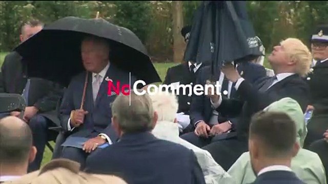 UK Prime Minister struggles with umbrella at police memorial