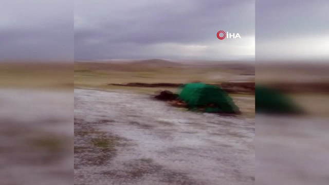 Ağrı’da aniden bastıran dolu çevreyi beyaza bürüdü
