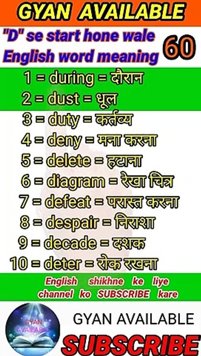 gyan_available_short_VDO_60. अँग्रेजी बोलना सीखें // English to Hindi daily use word meaning practice.     A" to "Z "  starting  bale English to Hindi  word meaning