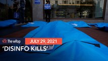 'Disinfo kills' body bags laid out in protest against Facebook