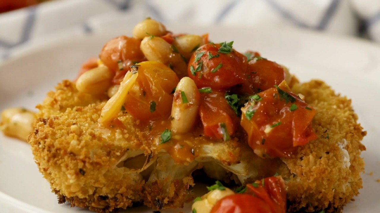Parmesan-Crusted Cauliflower with White Beans &...