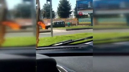 Seyir halindeyken alev alan LPG'li araç çevredekileri korkuttu