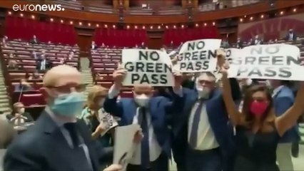 شاهد: فوضى في البرلمان الإيطالي احتجاجا على تطبيق نظام الشهادة الصحية