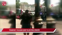 Tramvay yoldan çıkıp elektrik direğine çarptı