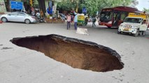 Road caves in under IIT flyover after heavy rains in Delhi