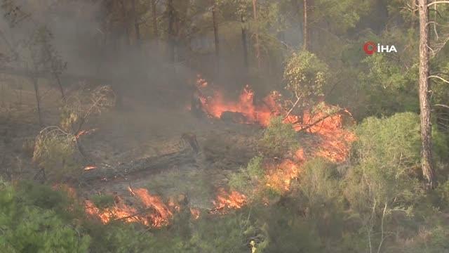 Manavgat'ta alevler yeniden metrelerce yükseldi, ekipler havadan karadan müdahale etti-Yangına müdahale eden...
