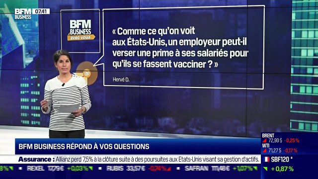 BFM Business avec vous : Comme aux Etats-Unis, un employeur peut-il verser une prime à un salarié pour qu'il se fasse vacciner ? -03/08