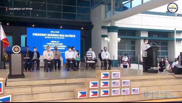 President Duterte and government officials welcome the arrival of Moderna vaccines from the US
