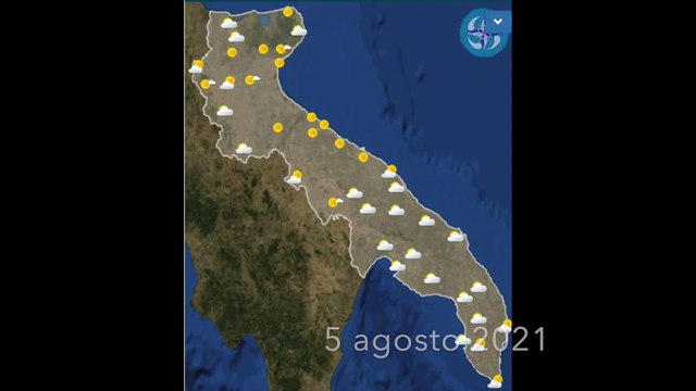 METEO Puglia ▷ Previsioni del tempo per Foggia, Andria, Barletta, Trani, Bari, Brindisi, Lecce e Taranto oggi e domani 5-6 agosto 2021 - mappa + video