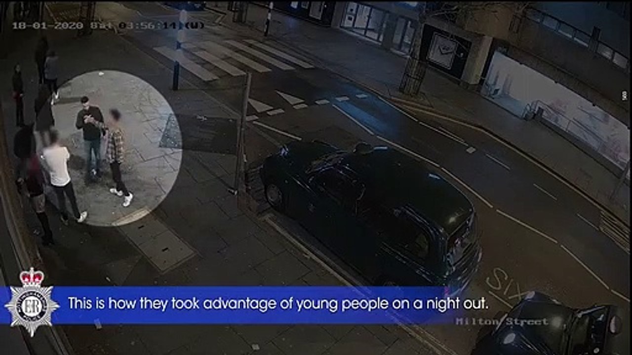 CCTV shows two conmen posing as drunken revellers to pick the pockets of partying students