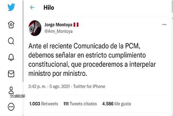 Jorge Montoya anuncia que su bancada procederá a interpelar a cada ministro