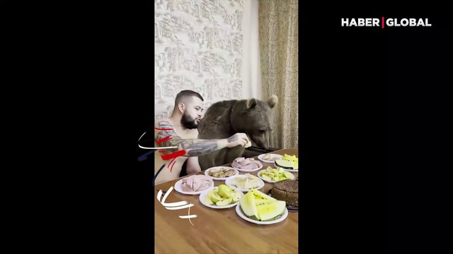 Sevimli ayı Balu'nun sahibiyle yemek yiyip çizgi film izlediği anlar görenleri hayran bıraktı