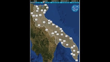 下载视频: METEO Puglia ▷ Caldo con temperature verso i 40°. Previsioni del tempo per Foggia, Andria, Barletta, Trani, Bari, Brindisi, Lecce e Taranto per lunedì, martedì e mercoledì 9, 10 ed 11 agosto 2021 - mappa aggiornata con temperature