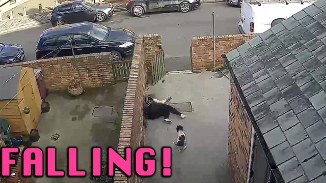'CCTV Footage Shows Clumsy Woman Falling Over While Exiting a House'