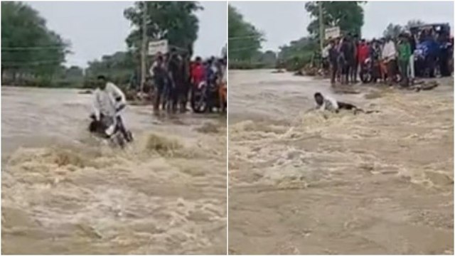 MP: Biker got stucked in the raging waves, later rescued