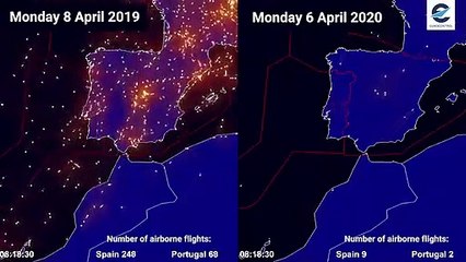 Vídeo revela a forte redução do tráfego aéreo na Península Ibérica