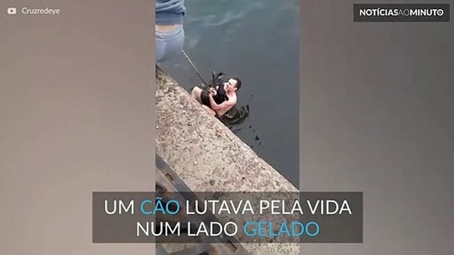Jovem salva cão de lago gelado