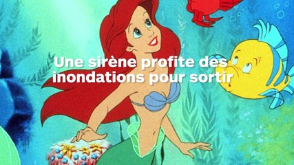 Une sirène nage dans la rue pendant des inondations