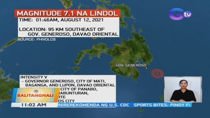 Magnitude 7.1 na lindol, tumama sa karagatan malapit sa Governor Generoso, Davao Oriental | BT