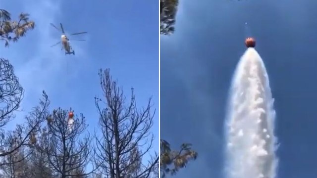Canlı yayın yaparken helikopter üzerine su boşalttı