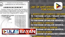 Listahan ng mga pangalan ng opisyal ng AFP na itataas ng ranggo, isinumite ni Pres. Duterte sa Commission on Appointments