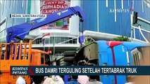 Bus Damri Terguling Setelah Tertabrak Truk Pengangkut Jagung, Lalu Lintas Menuju Binjai Macet