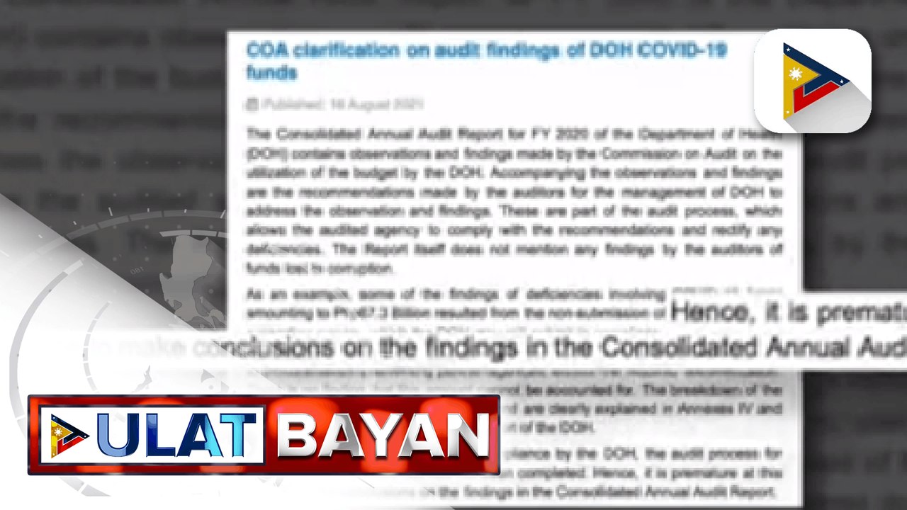 COA, binigyang-diin na walang binanggit na korapsyon ng pondo sa inilabas na Consolidated Annual Audit Report for FY 2020 ng DOH; Ilang ahensya ng gobyerno, nadadawit din sa isyu ng korapsyon dahil sa audit findings na inilabas ng COA