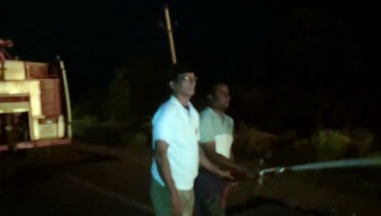 बिजली के पोल से टकराने के बाद ट्रेलर में भीषण आग