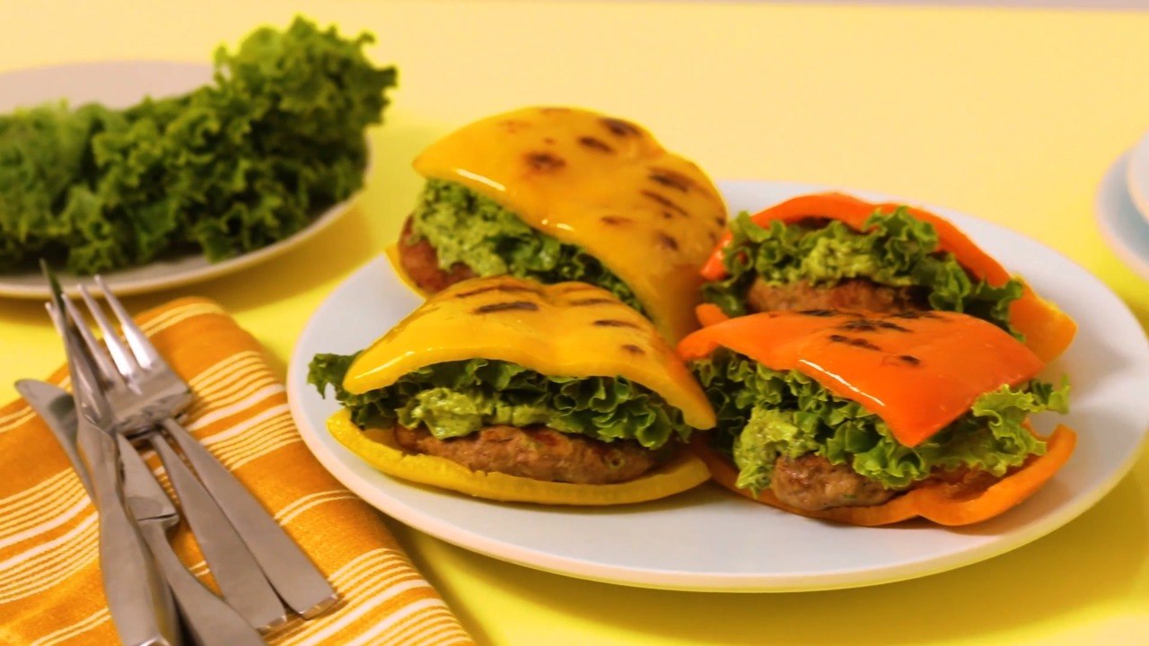 Grilled Bell Pepper-Bun Turkey Burgers with Avocado Goddess Sauce