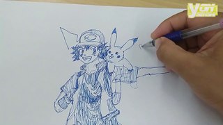 Pokemon - Ash and Pikachu, Let's draw with a ballpoint pen.