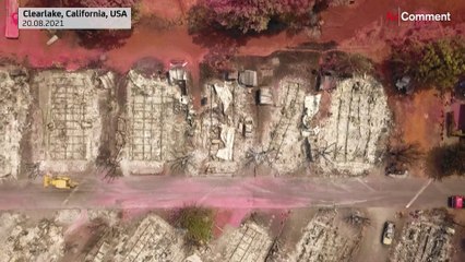Aerial images show residences at Creekside Mobile Home Park destroyed after the Cache fire ripped th