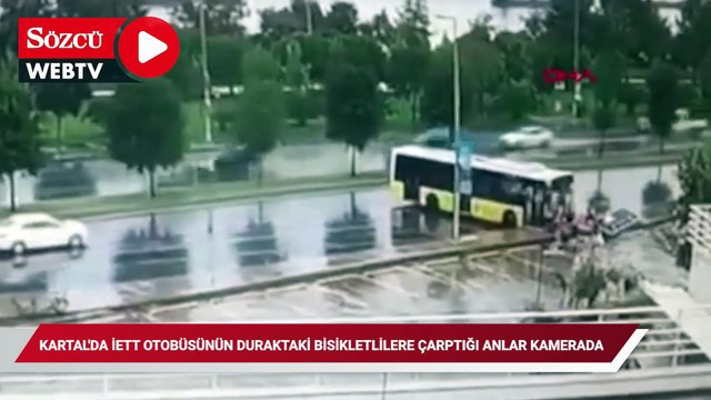 Kartal'da İETT otobüsünün duraktaki bisikletlilere çarptığı anlar kamerada