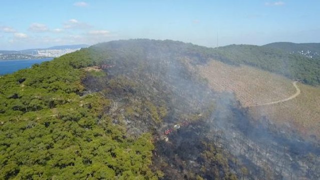 HEYBELİADA'DA YANAN ALAN VE SOĞUTMA ÇALIŞMALARI HAVADAN GÖRÜNTÜLENDİ