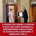 El presidente López Obrador y el secretario de Salud, Jorge Alcocer, entregaron en la 'mañanera' la condecoración Miguel Hidalgo a personal del sector salud por su labor durante la pandemia por el COVID-19