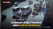 Yola doğru hareket eden bebek arabası son anda durduruldu