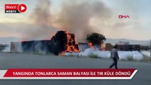 Tonlarca saman balyası ile TIR yangında küle döndü