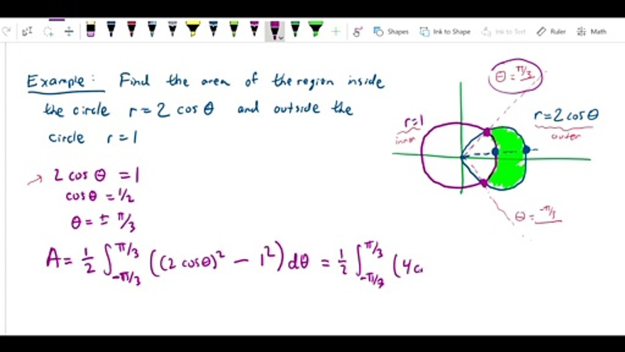 Polar coordinates - Area between r equals 1 and r equals 2 cos theta