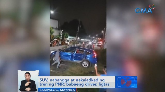 SUV, nabangga at nakaladkad ng tren ng PNR; babaeng driver, ligtas | Saksi